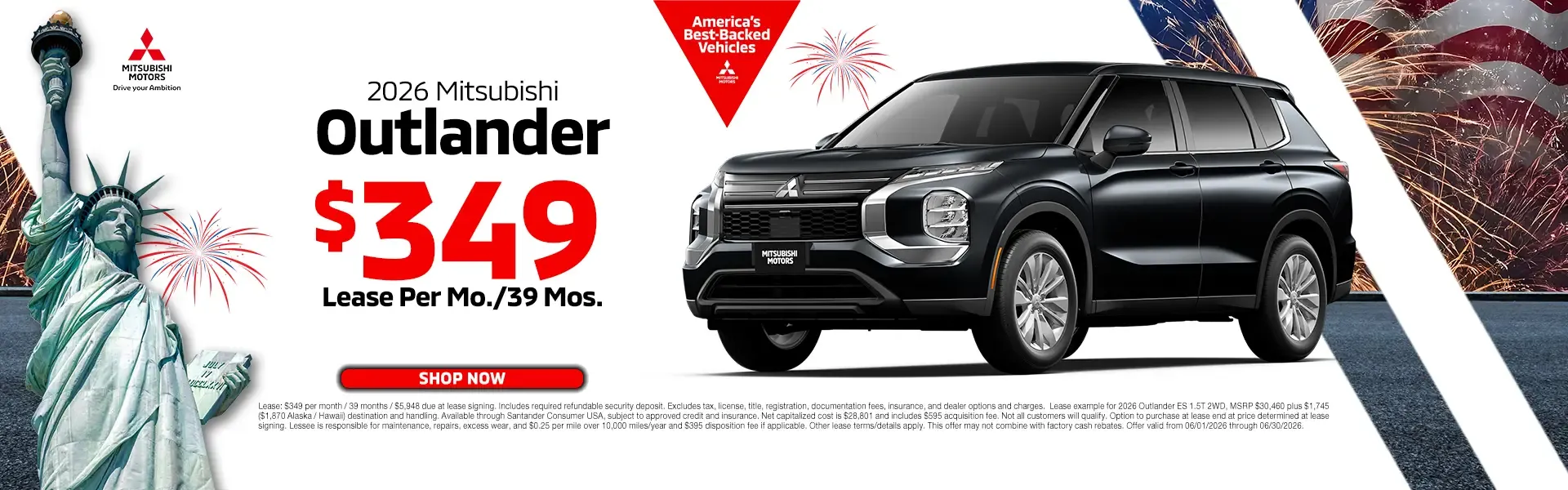 Lease the 2026 Mitsubishi Outlander for $349 per month for 39 months.